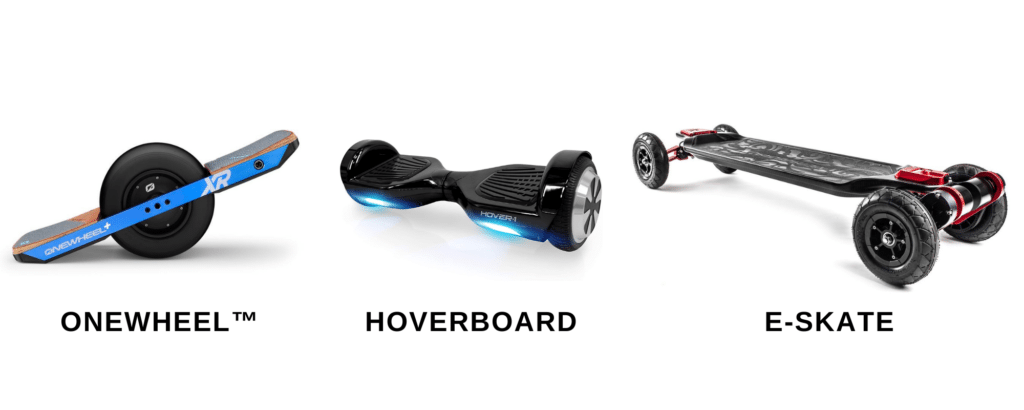 onewheel, hoverboard, and e-skate side by side